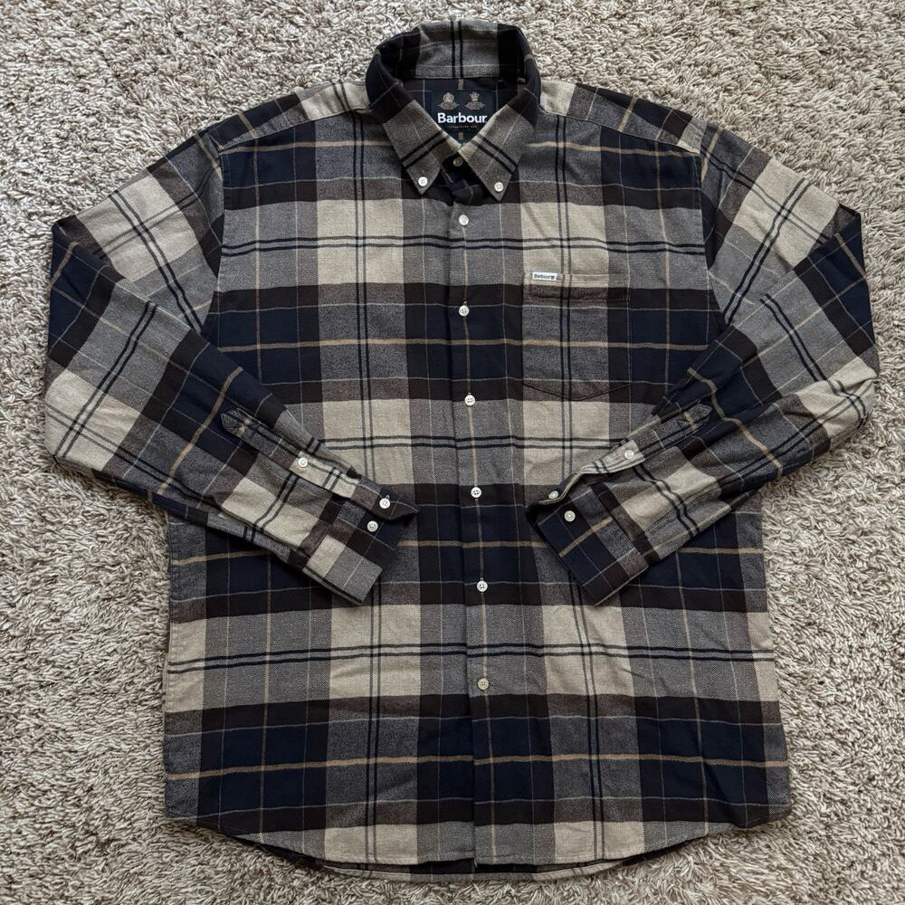 Barbour Brown Plaid Button Up LS Shirt Flannel 100% Cotton Men’s Size Large
